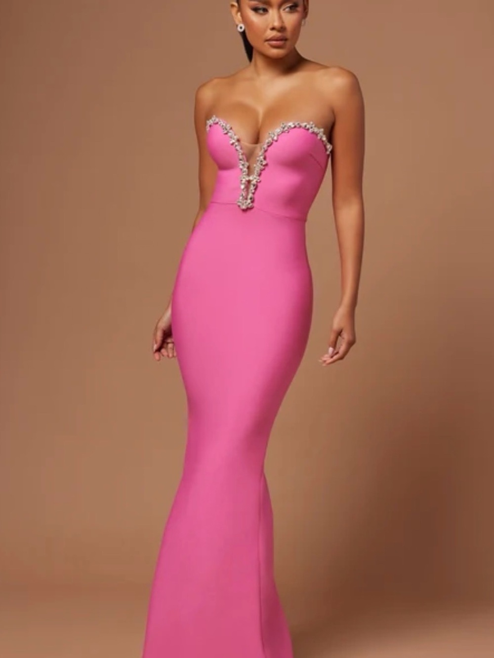 Fashion Nova Hot Pink Strapless Embellished Mermaid Gown
